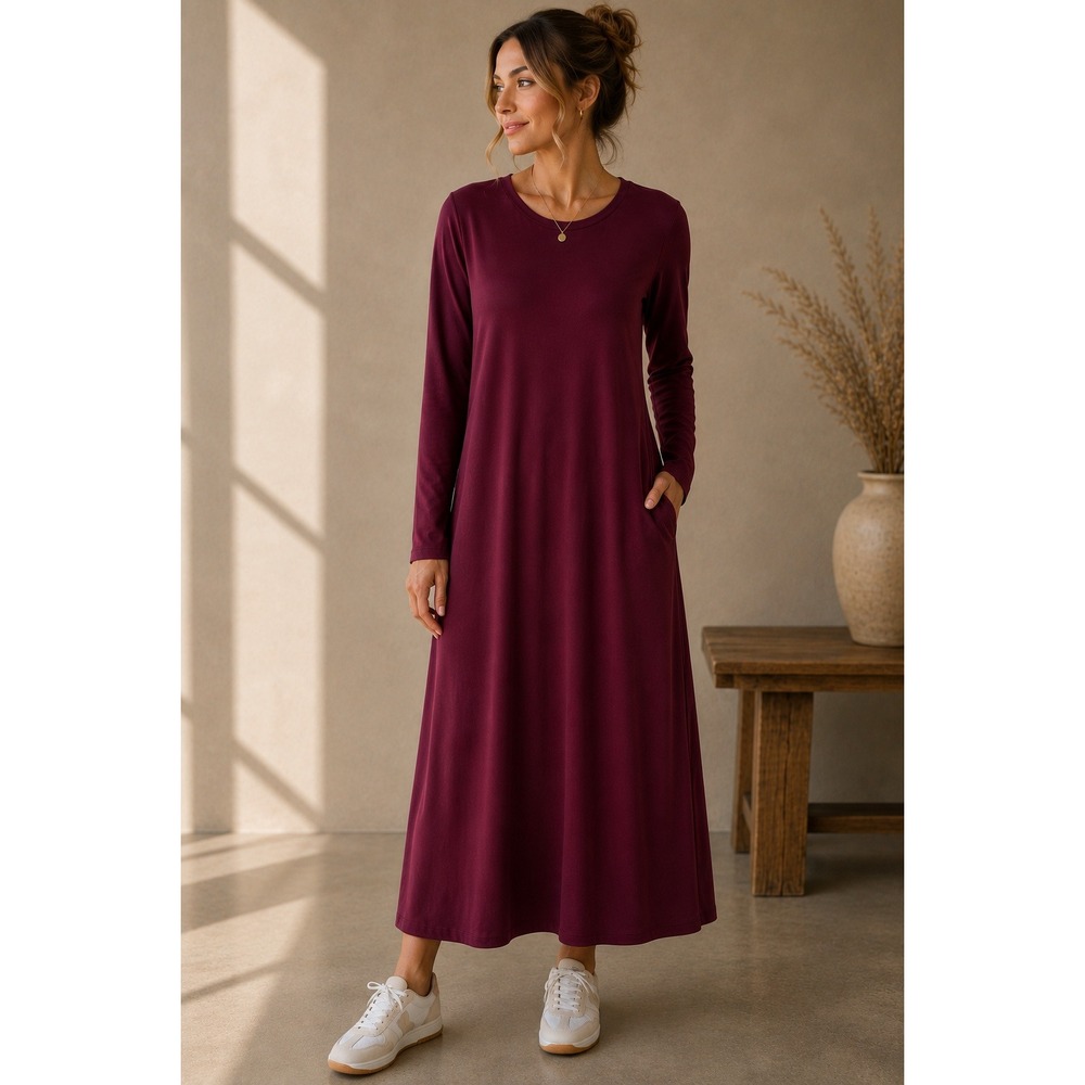 Chico's Women Maxi Dress 2 Burgundy A-Line Long Sleeve Pocket Jersey Knit